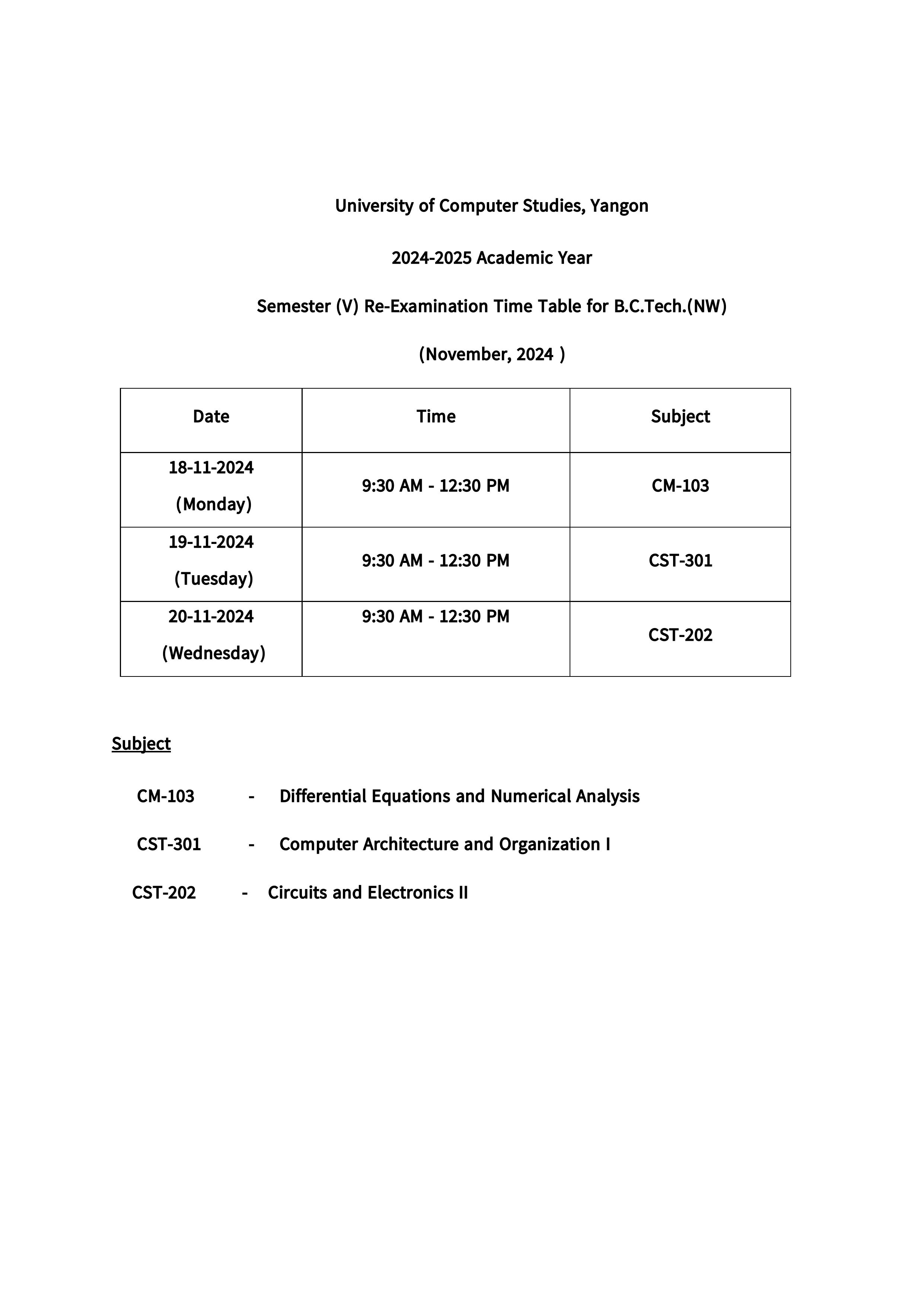 Re-exam Time-table